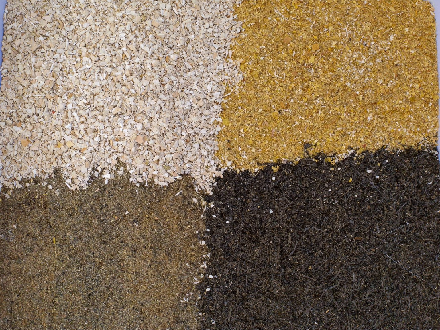 Four coop bedding materials meeting in one frame: pine shavings, straw, hemp and sand