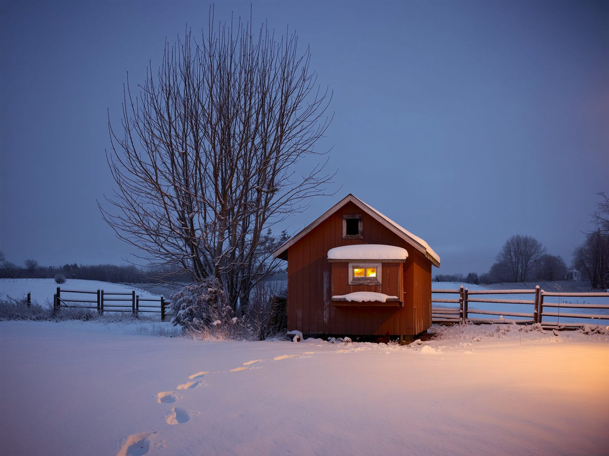 Snow-covered backyard chicken coop at dusk with warm light in the window, midwinter
