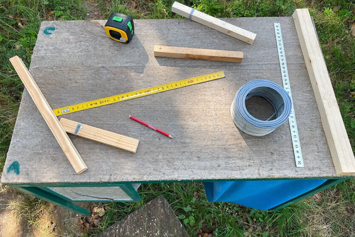 Overhead view of a garden workbench with a closed tape measure, a pencil, a square, timber offcuts and a coil of galvanised mesh