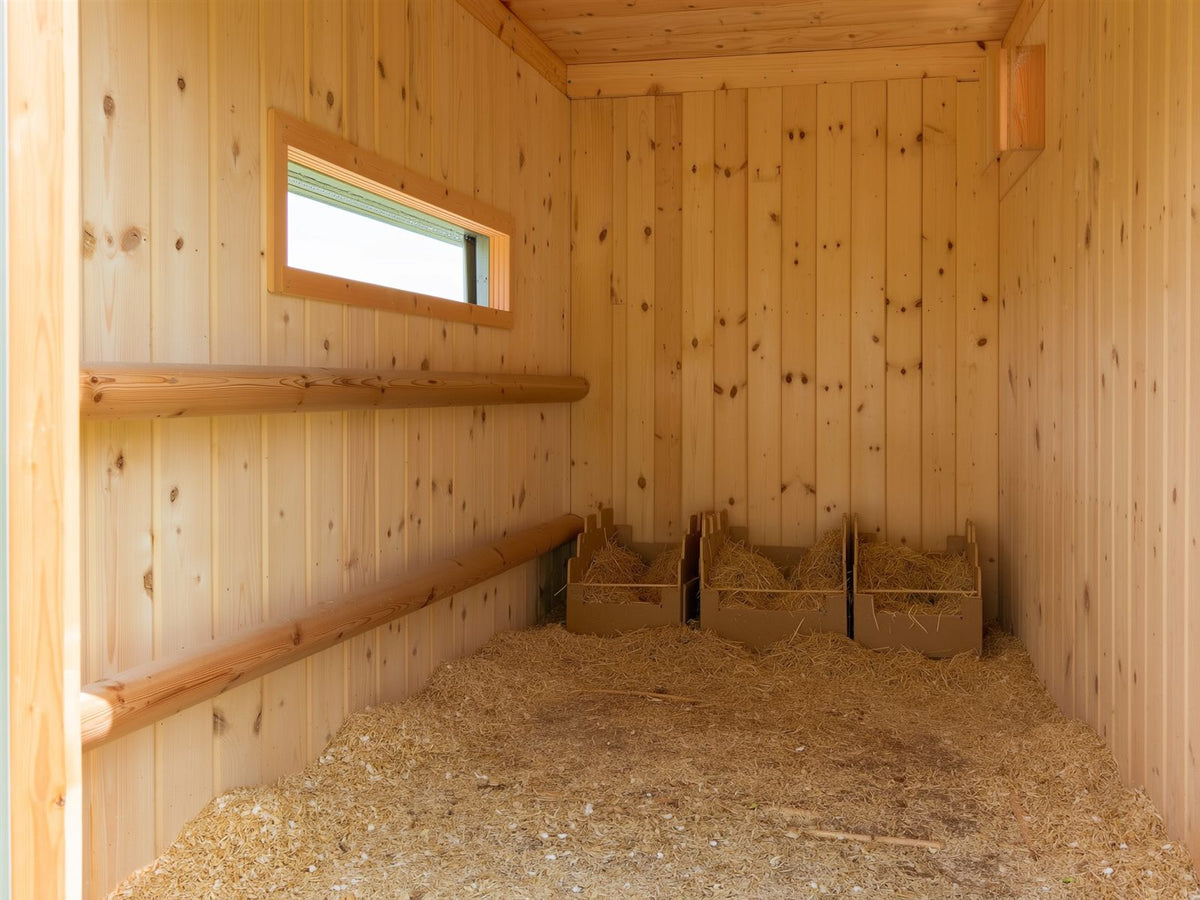 Wooden coop interior with a shavings-covered floor, roost bars and straw-lined nest boxes