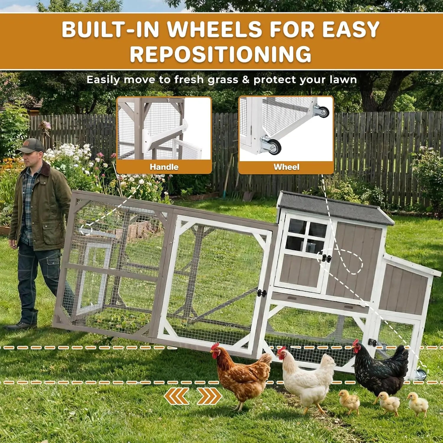 95" Wooden Chicken Coop with Run — Fits 3–6 Hens