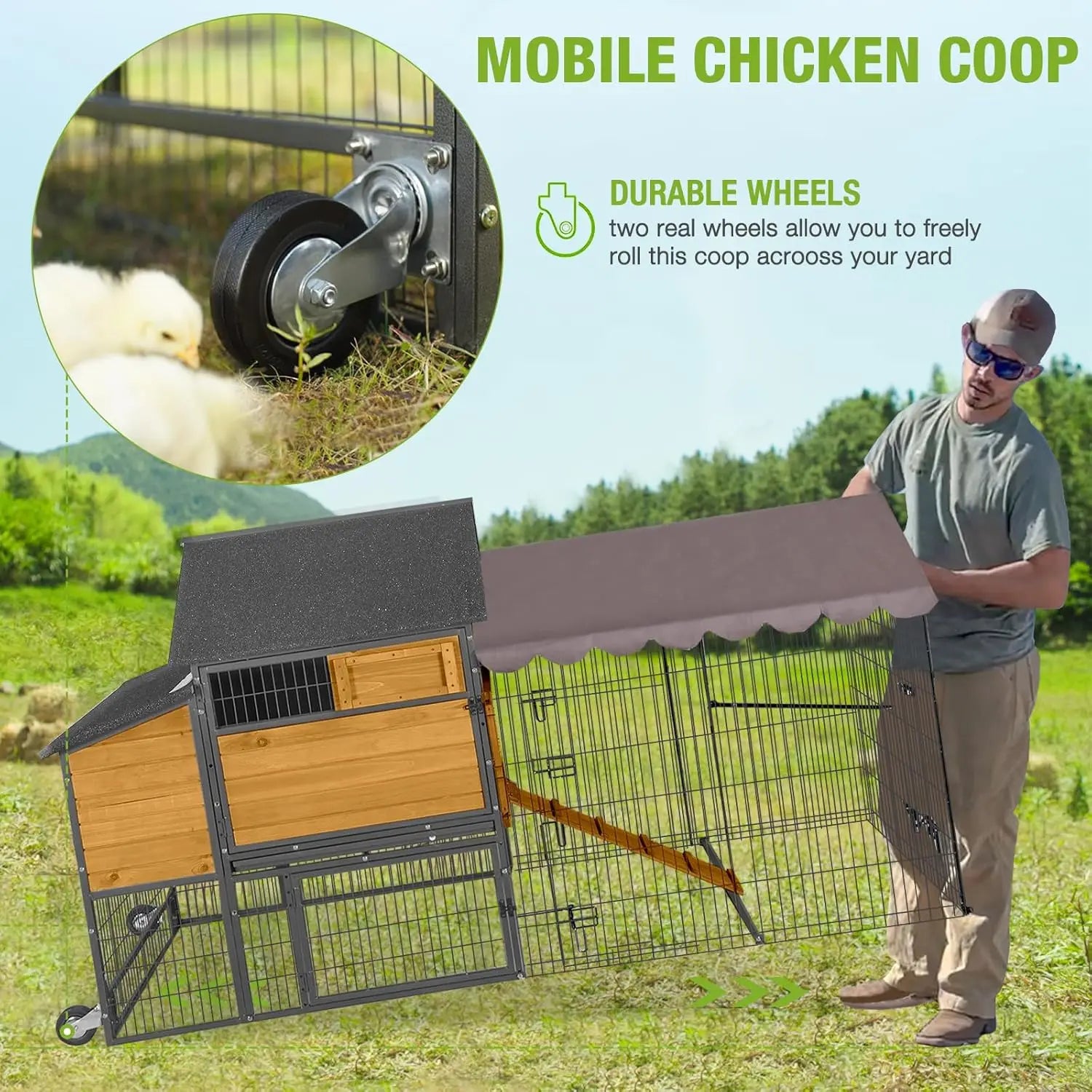 85" Metal-Frame Mobile Coop with Run — 6–8 Hens