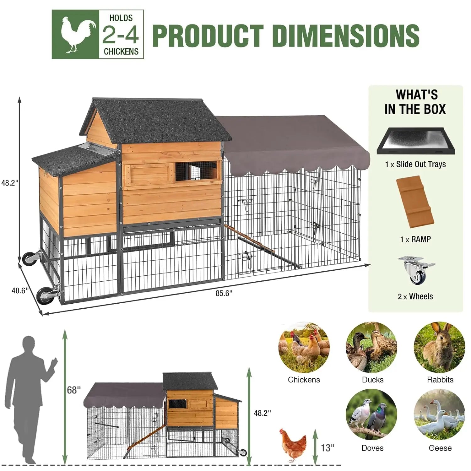 85.6" Mobile Chicken Coop with Run — Fits 6–8 Hens
