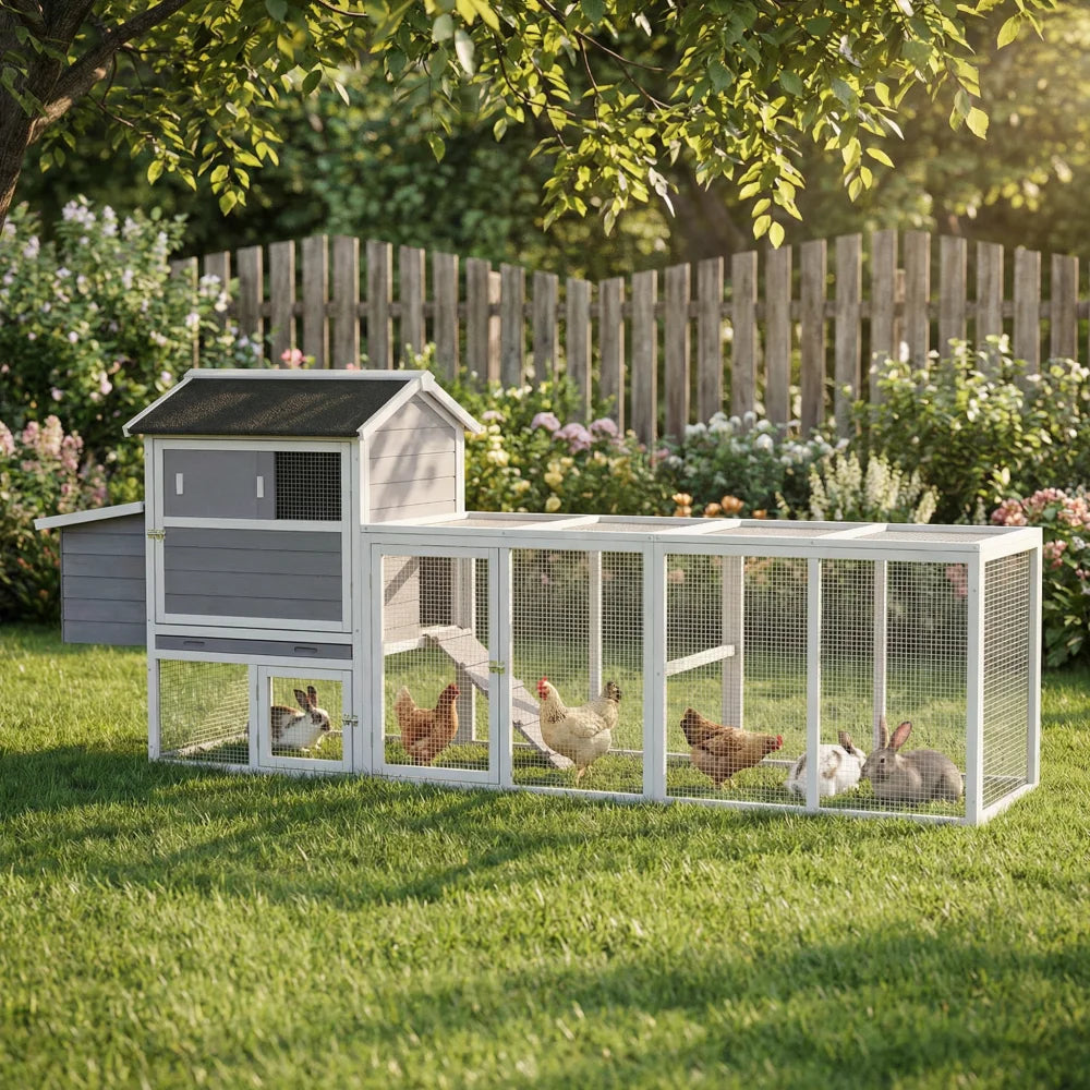 Gray Wooden Chicken Coop with Run and Nesting Box