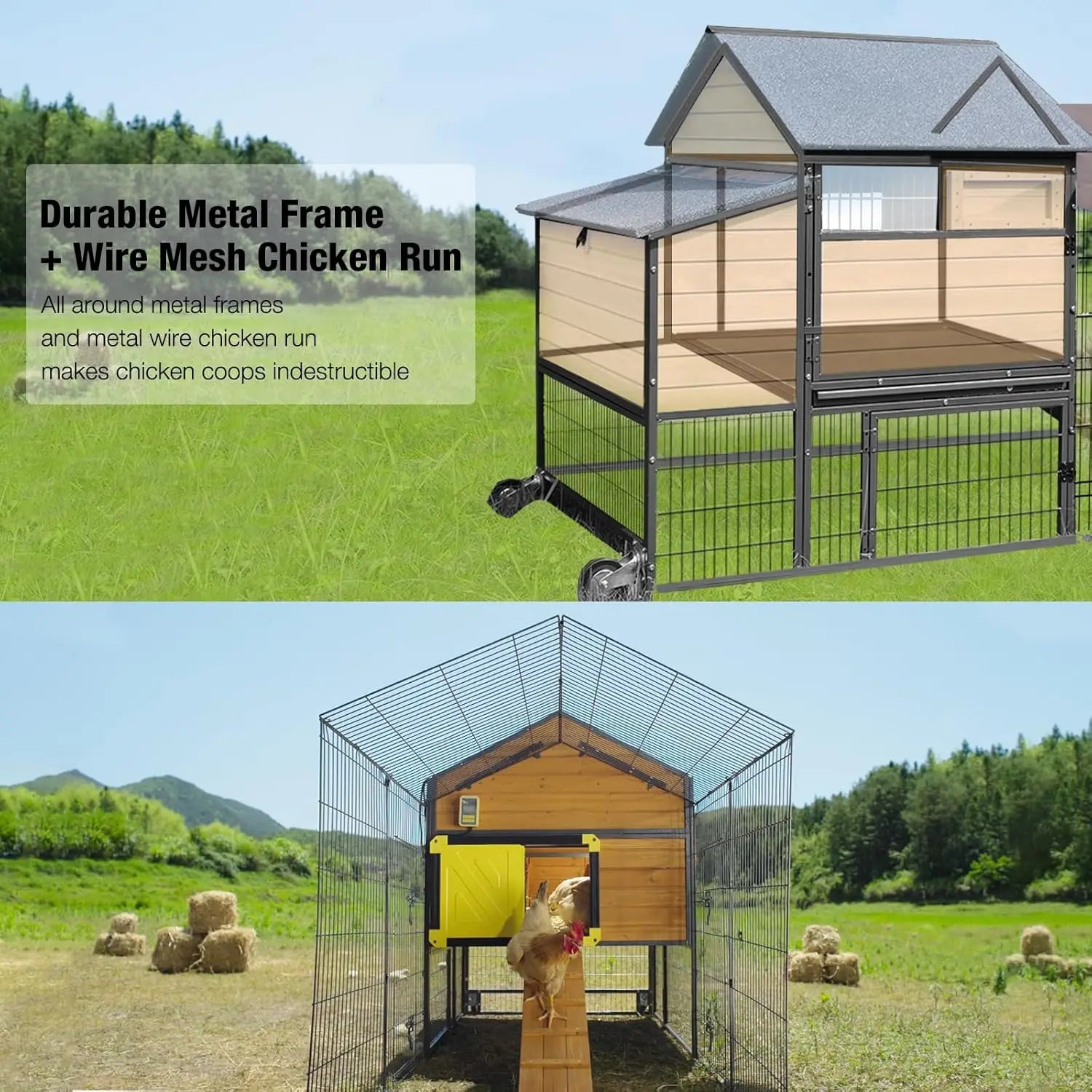 85" Metal-Frame Mobile Coop with Run — 6–8 Hens