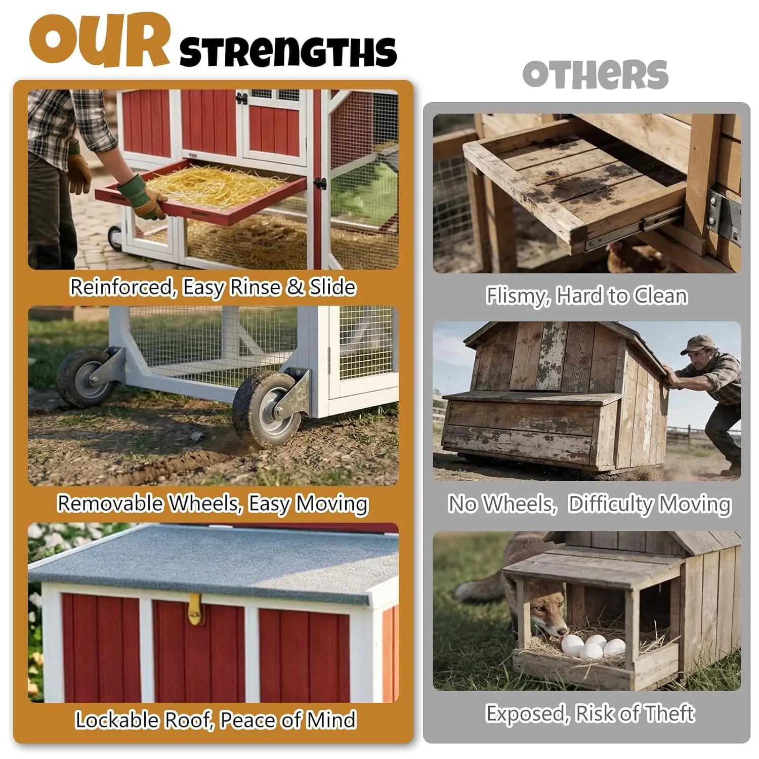 95" Wooden 2-Story Mobile Coop — Fits 4–6 Hens