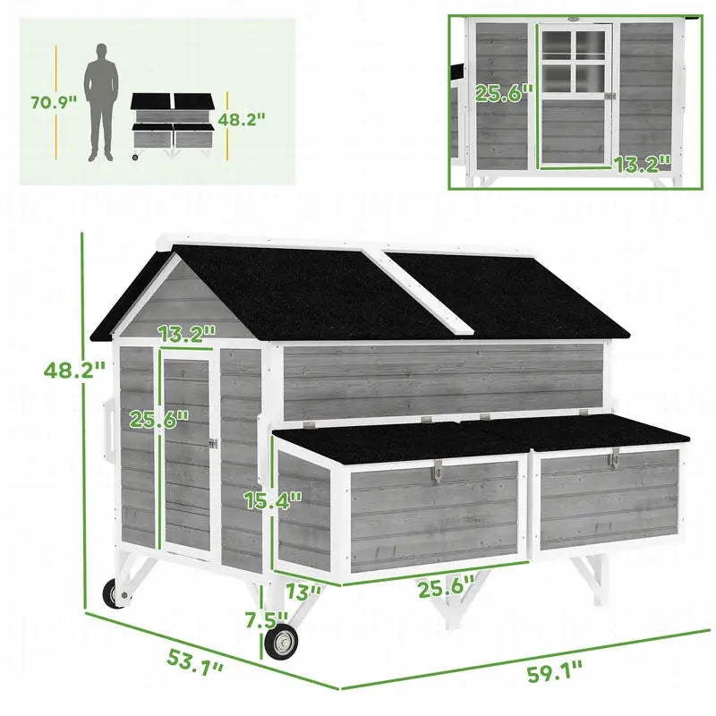 PawHut 59" Wooden Mobile Coop — Fits 4–6 Hens