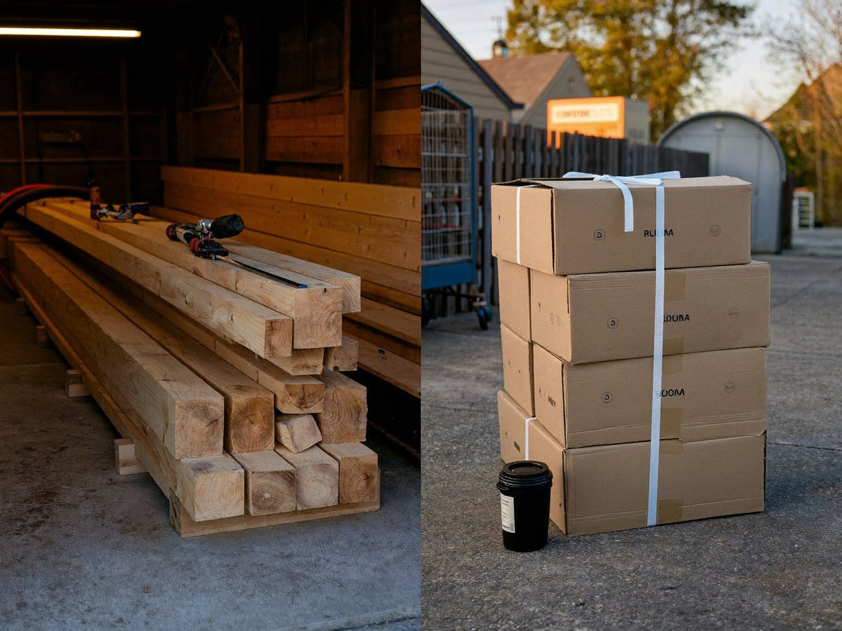 Split frame: raw lumber stacked in a workshop beside a strapped flat-pack coop kit