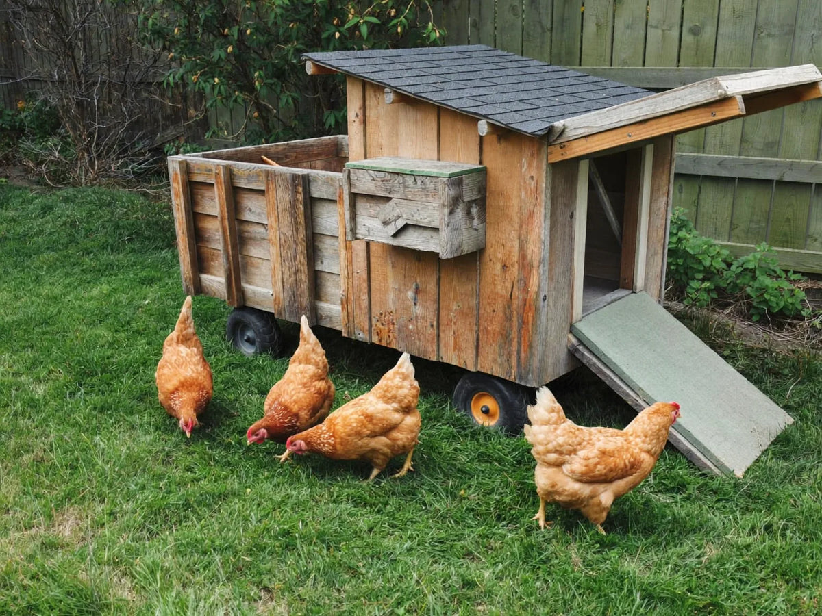 Four brown hens on mown grass beside a small wheeled wooden coop with its ramp door down