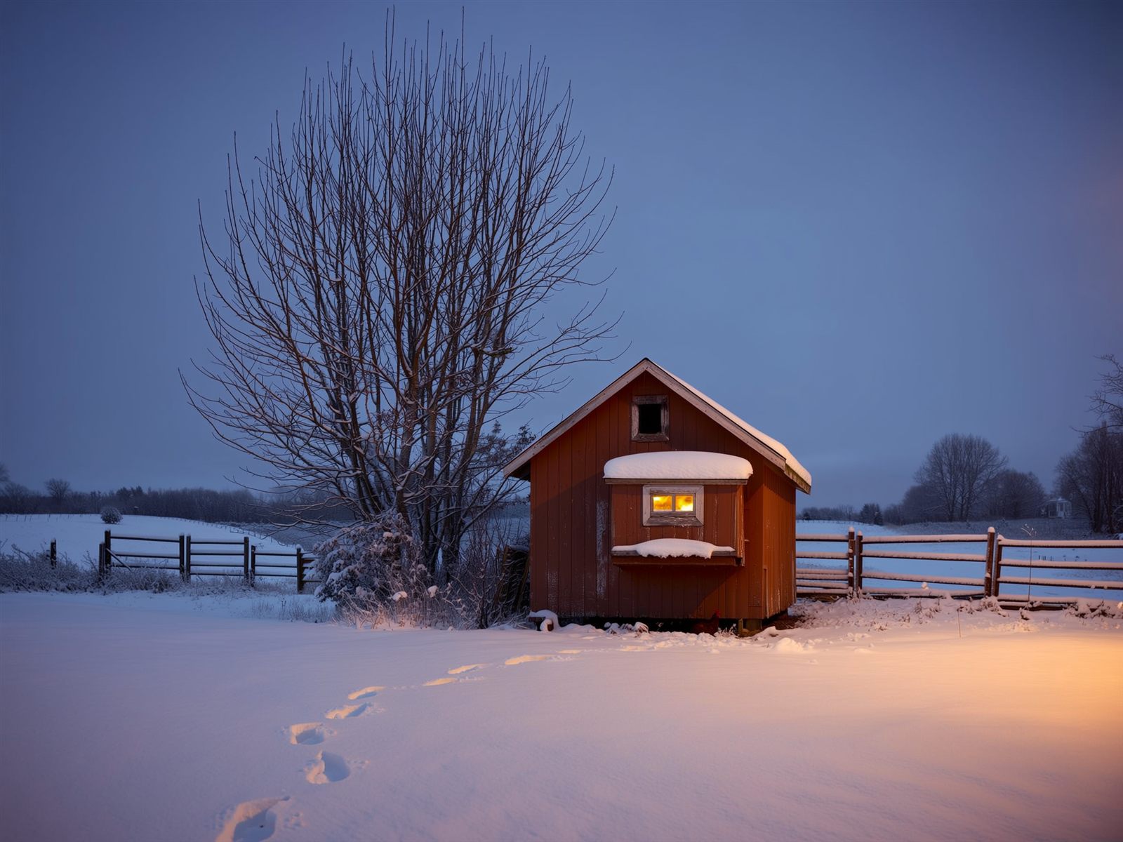 Snow-covered backyard chicken coop at dusk with warm light in the window, midwinter