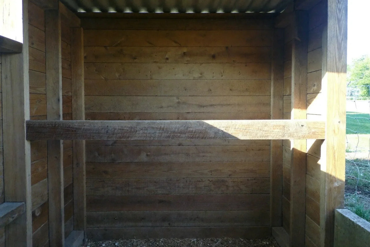 Weathered squared timber roosting bar spanning two plank walls inside an empty coop in low raking daylight