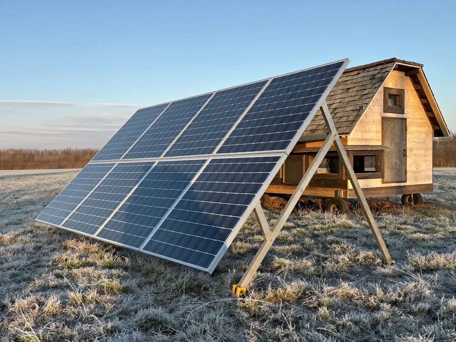 Wheeled wooden chicken coop on frosted grass beside a steeply tilted solar panel on a ground frame
