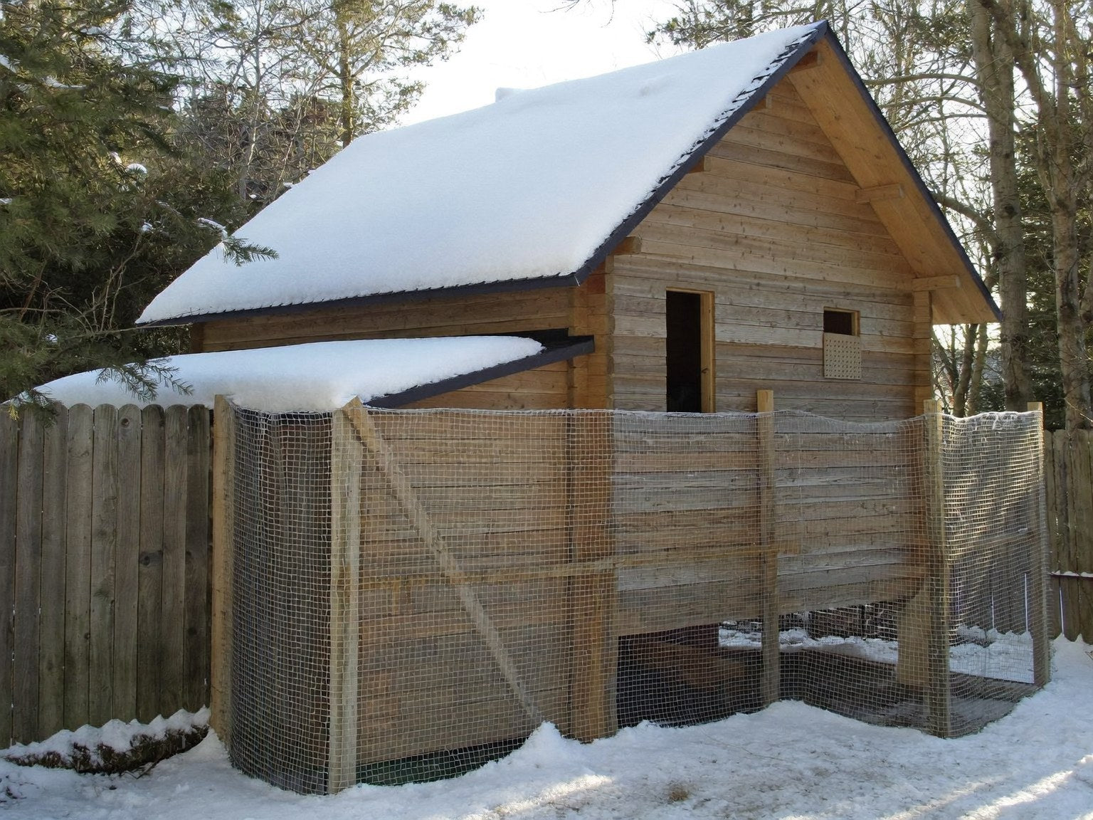 Timber hen house with an attached wire run under fresh snow on a cold winter morning