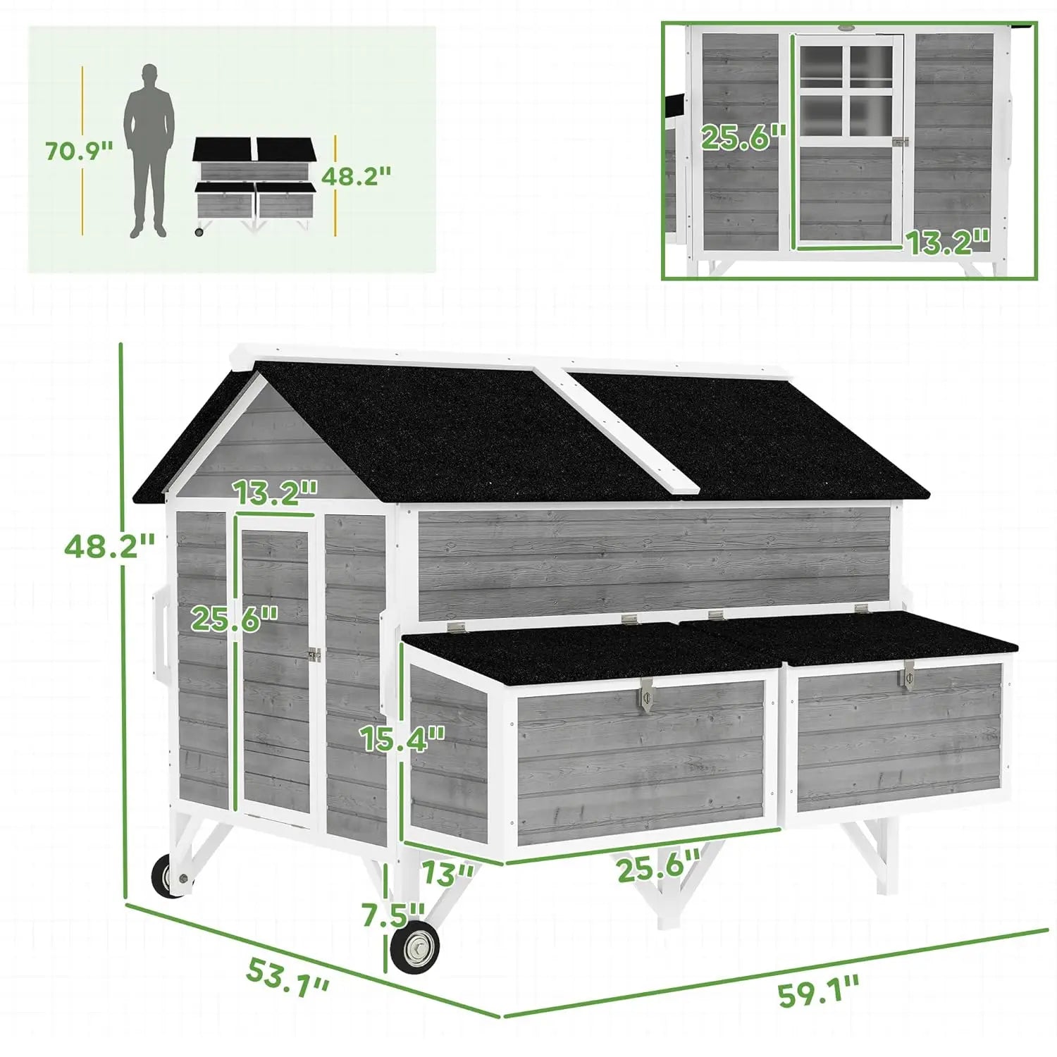 59" Mobile Chicken Coop with Handles — Fits 5–8 Hens