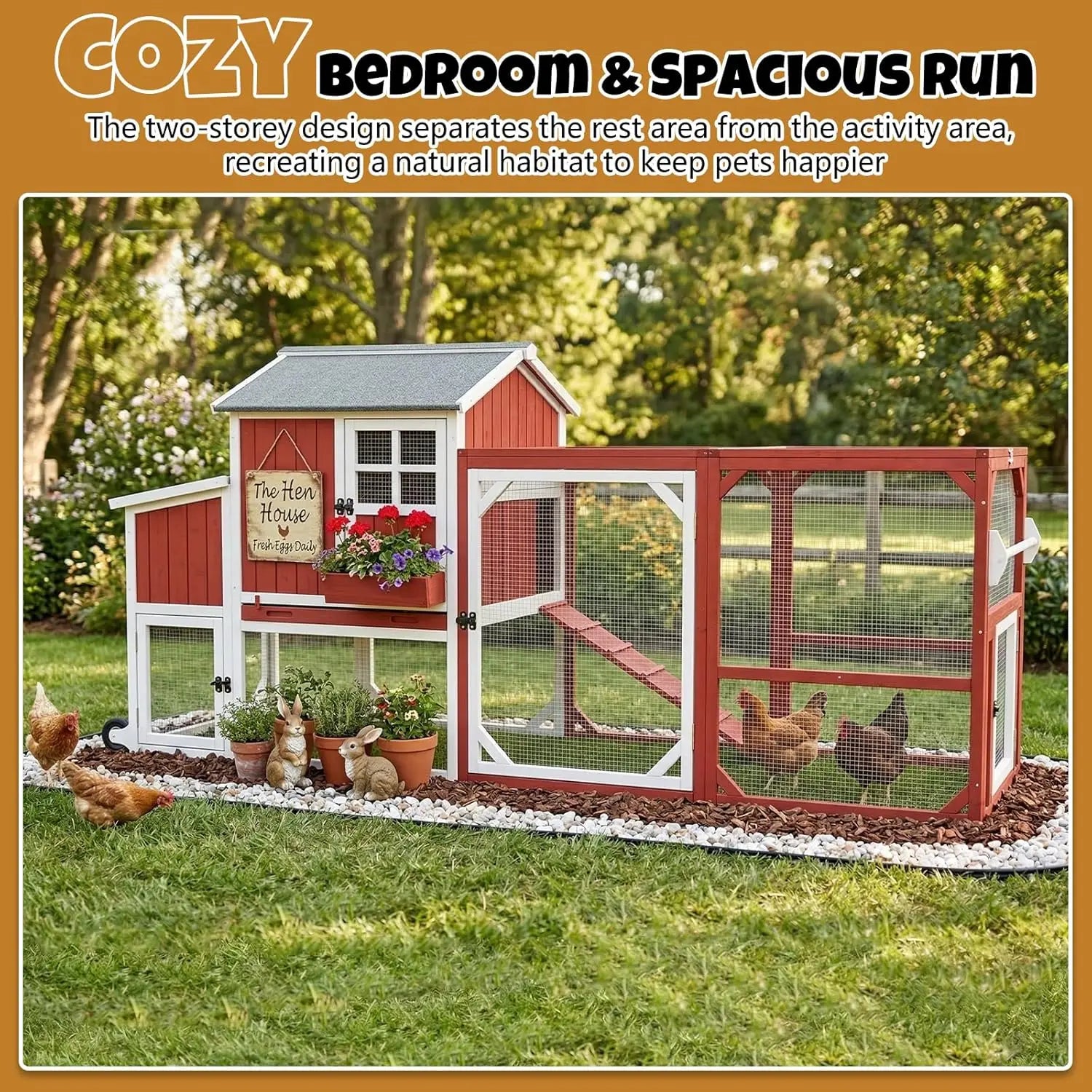 95" Wooden 2-Story Mobile Coop — Fits 4–6 Hens