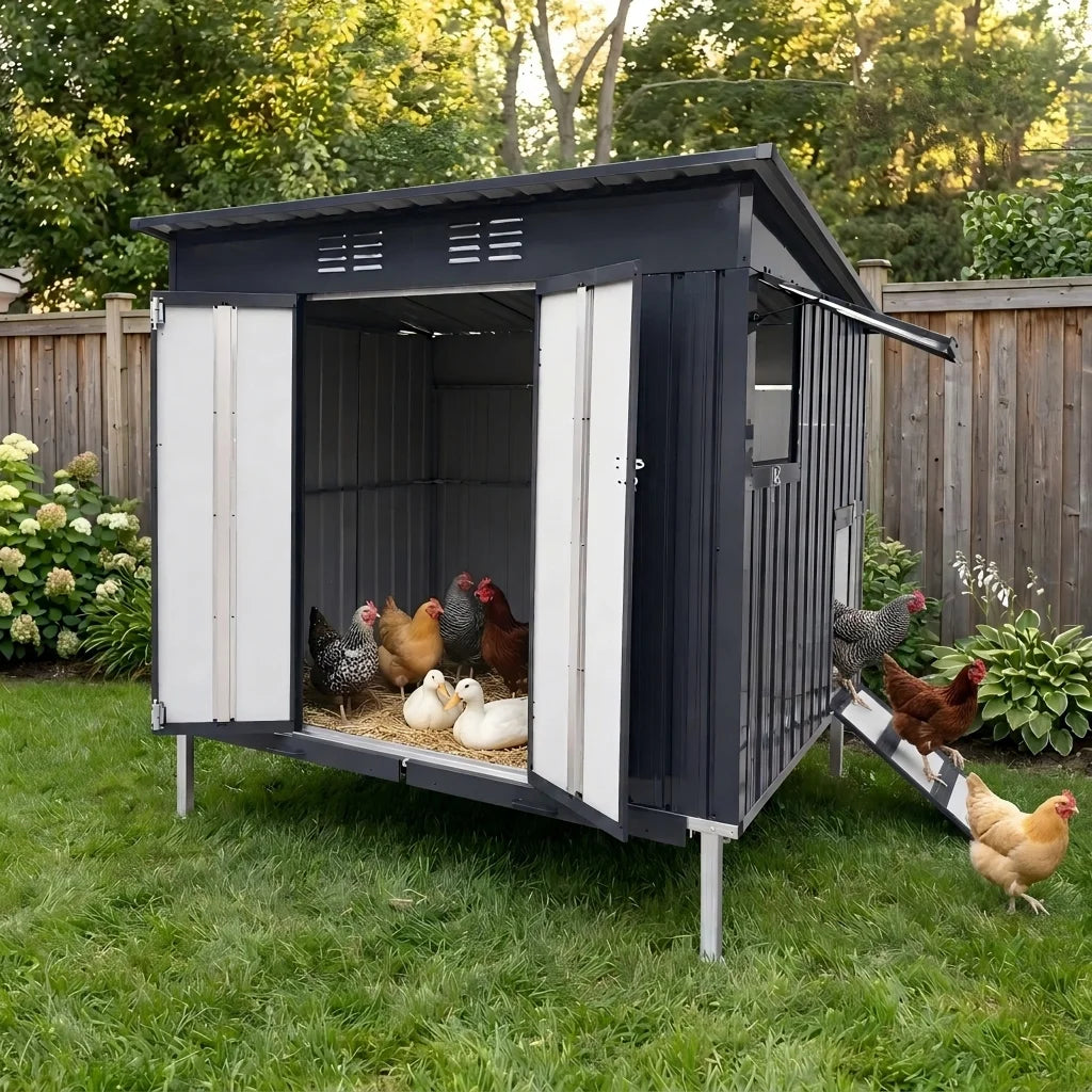 Galvanized Metal Chicken Coop with Pull-Out Trays
