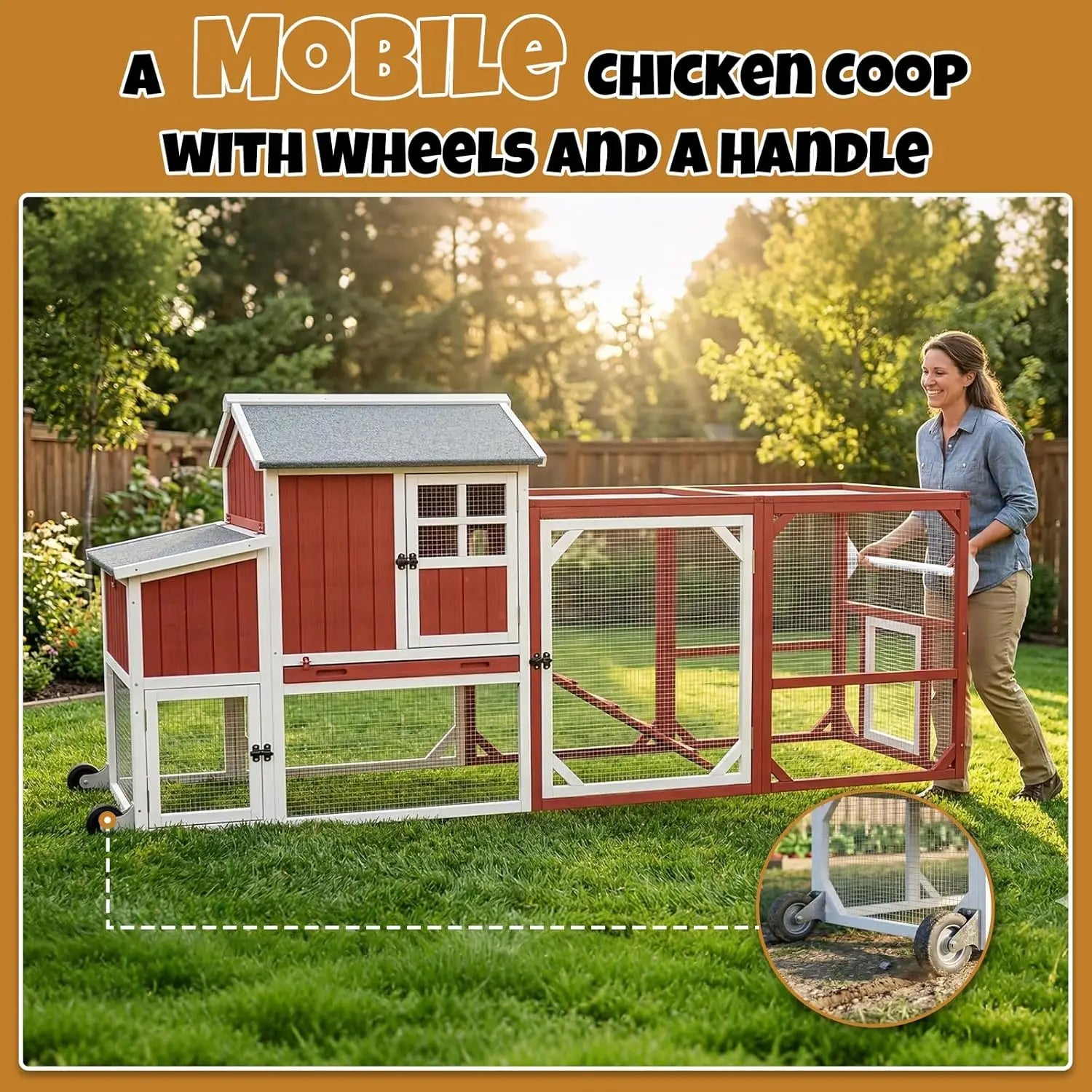 95" Wooden 2-Story Mobile Coop — Fits 4–6 Hens
