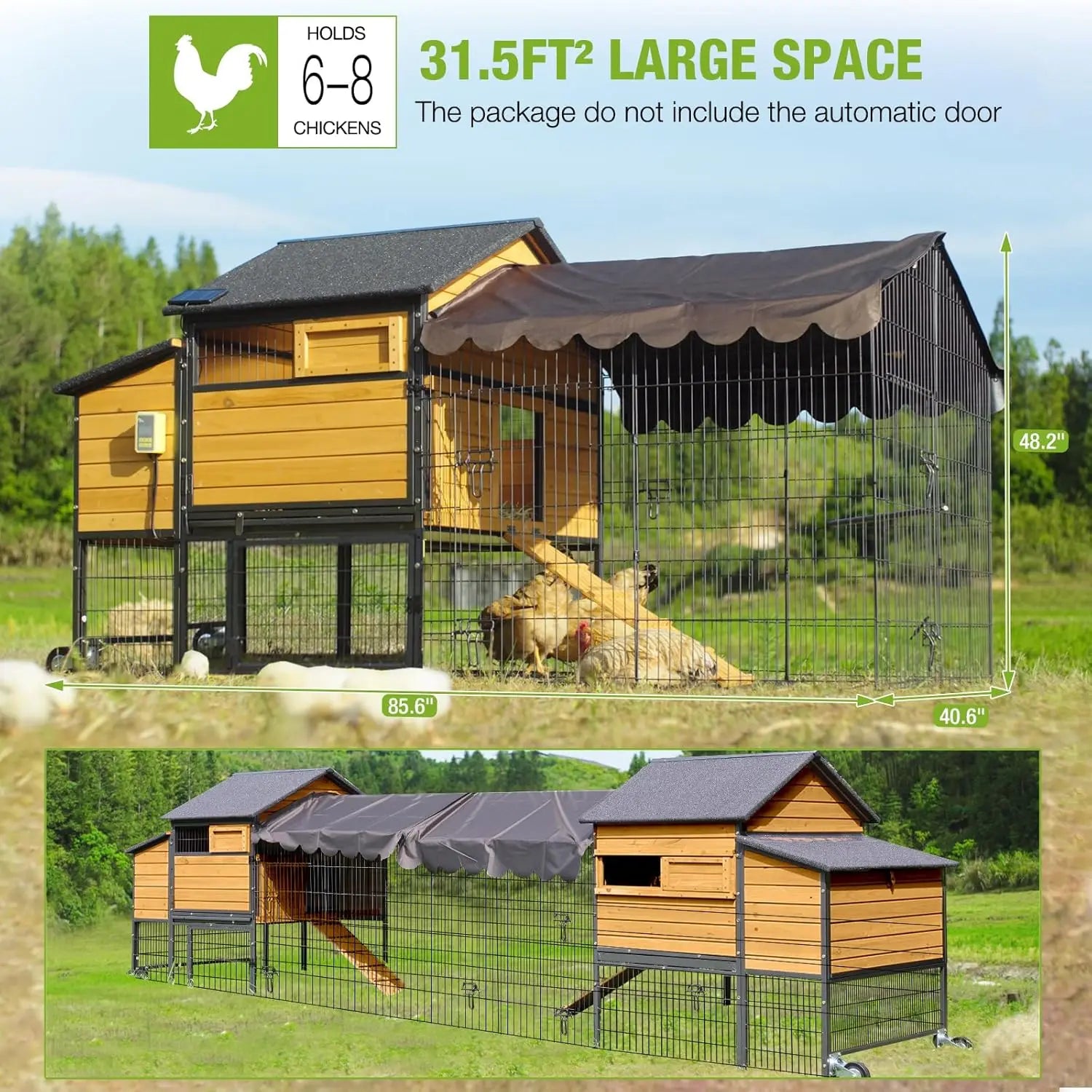 85" Metal-Frame Mobile Coop with Run — 6–8 Hens