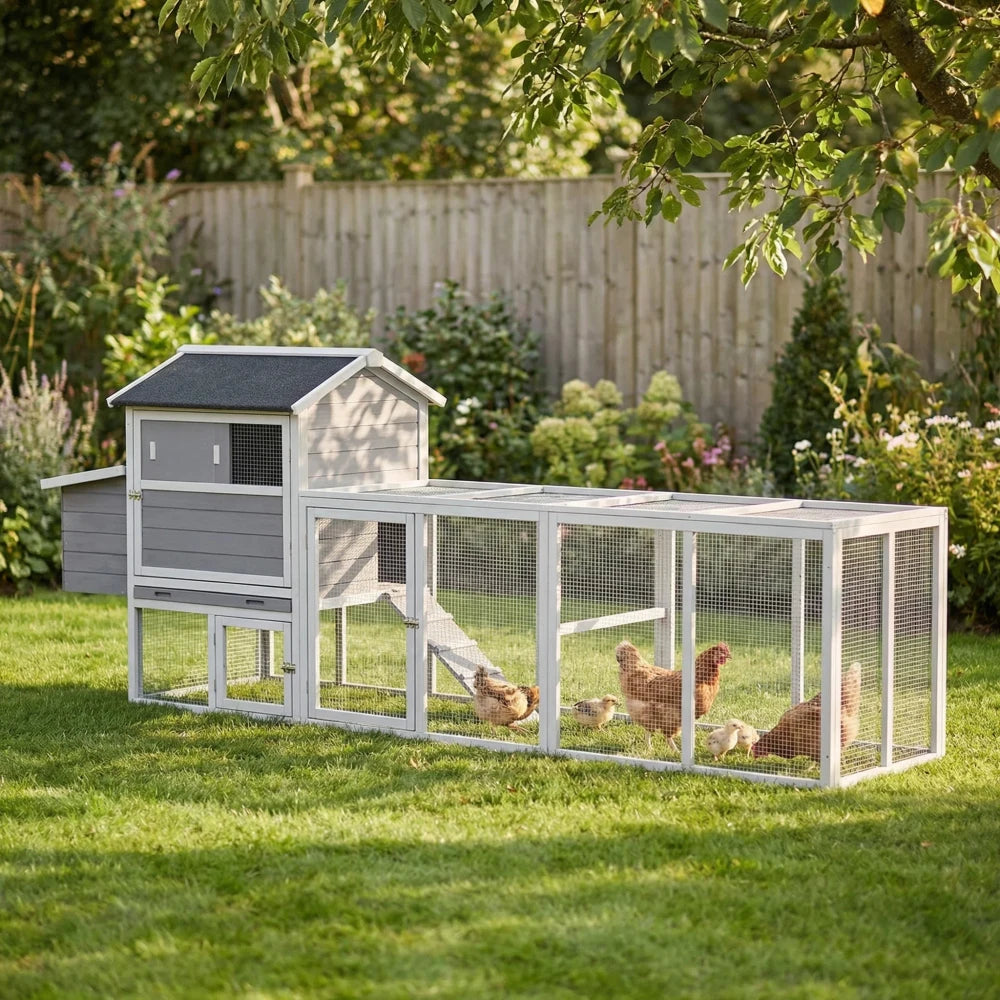 Gray Wooden Chicken Coop with Run and Nesting Box
