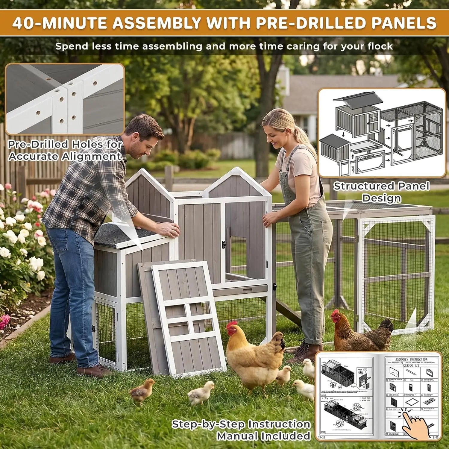 95" Wooden Chicken Coop with Run — Fits 3–6 Hens