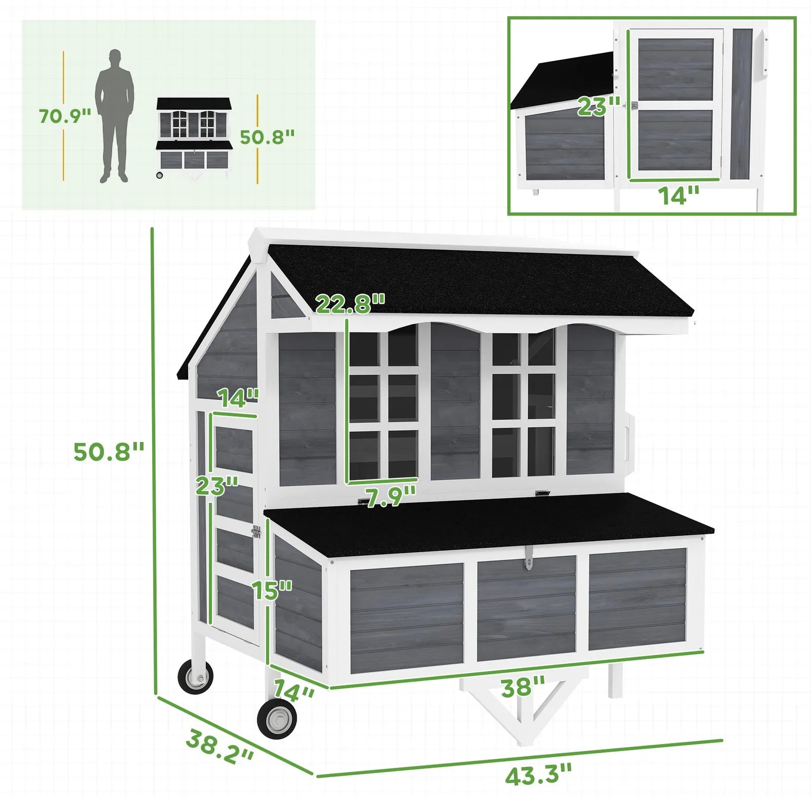 43" Wooden Chicken Coop on Wheels — Fits 2–4 Hens