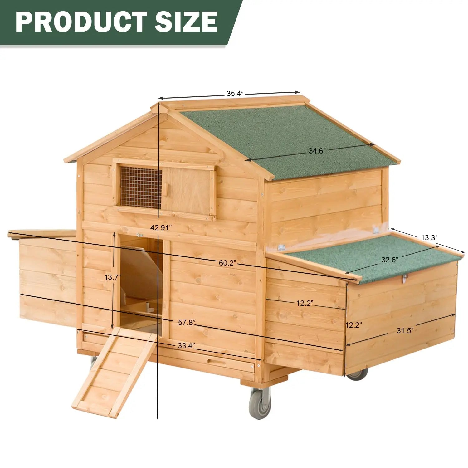 60" Wooden Mobile Chicken Coop — Fits 4–6 Hens