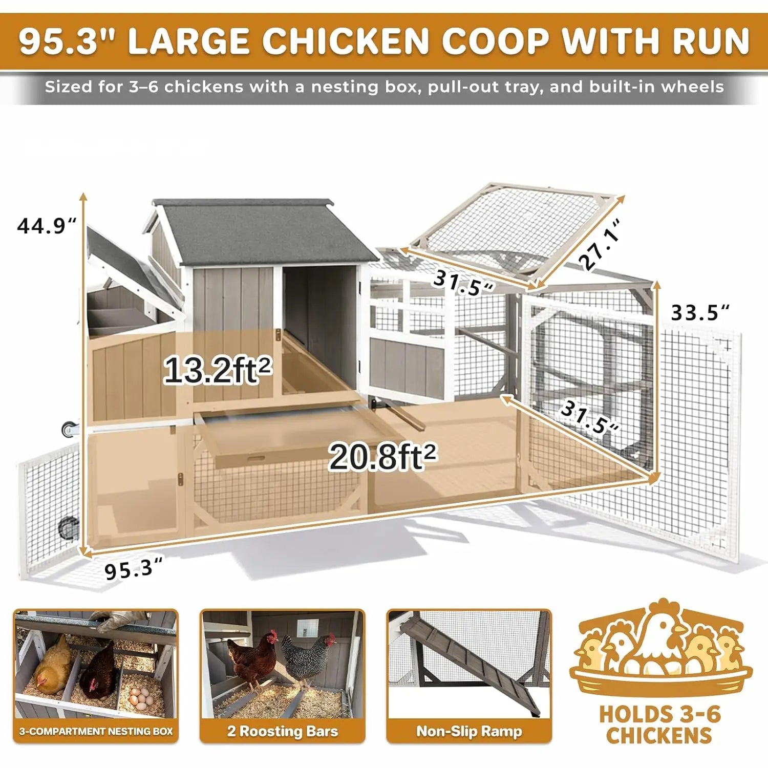 95" Wooden Chicken Coop with Run — Fits 3–6 Hens