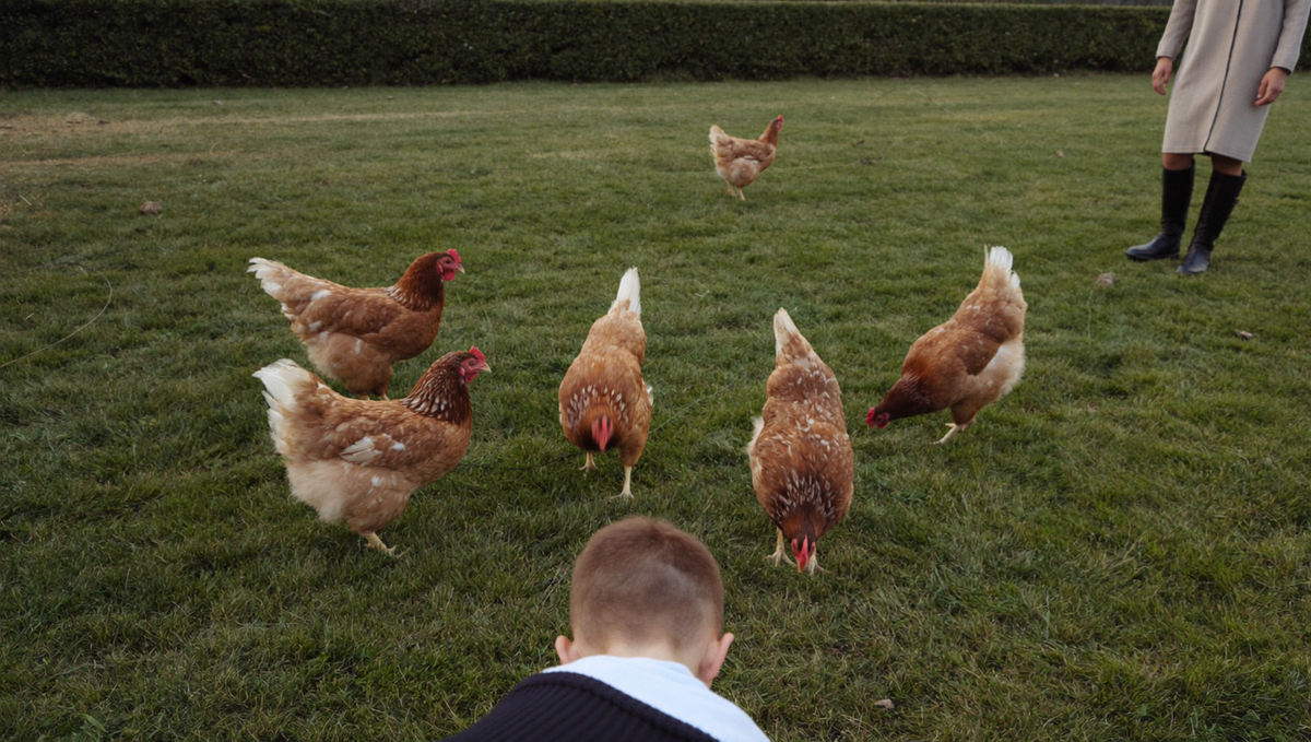 Family scattering feed to hens on an open lawn
