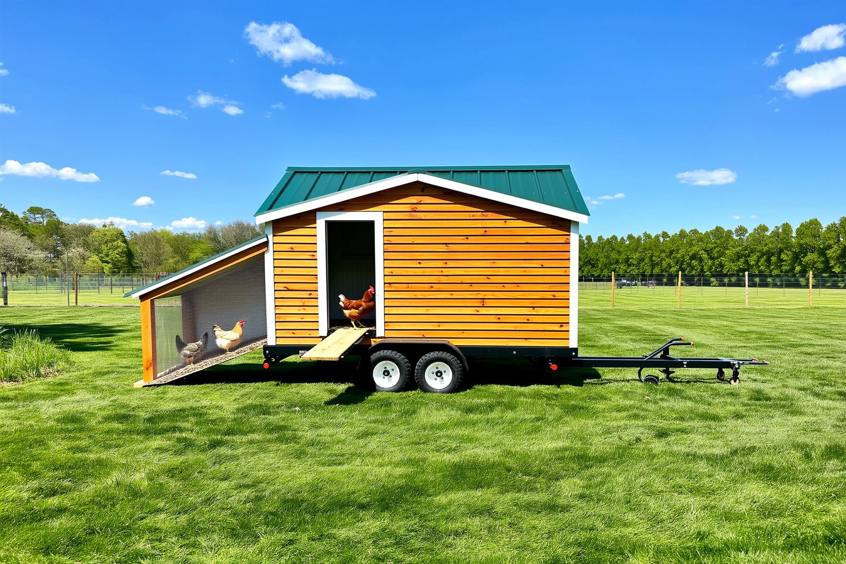 The same mobile coop moved on schedule: dense green grass across the whole paddock
