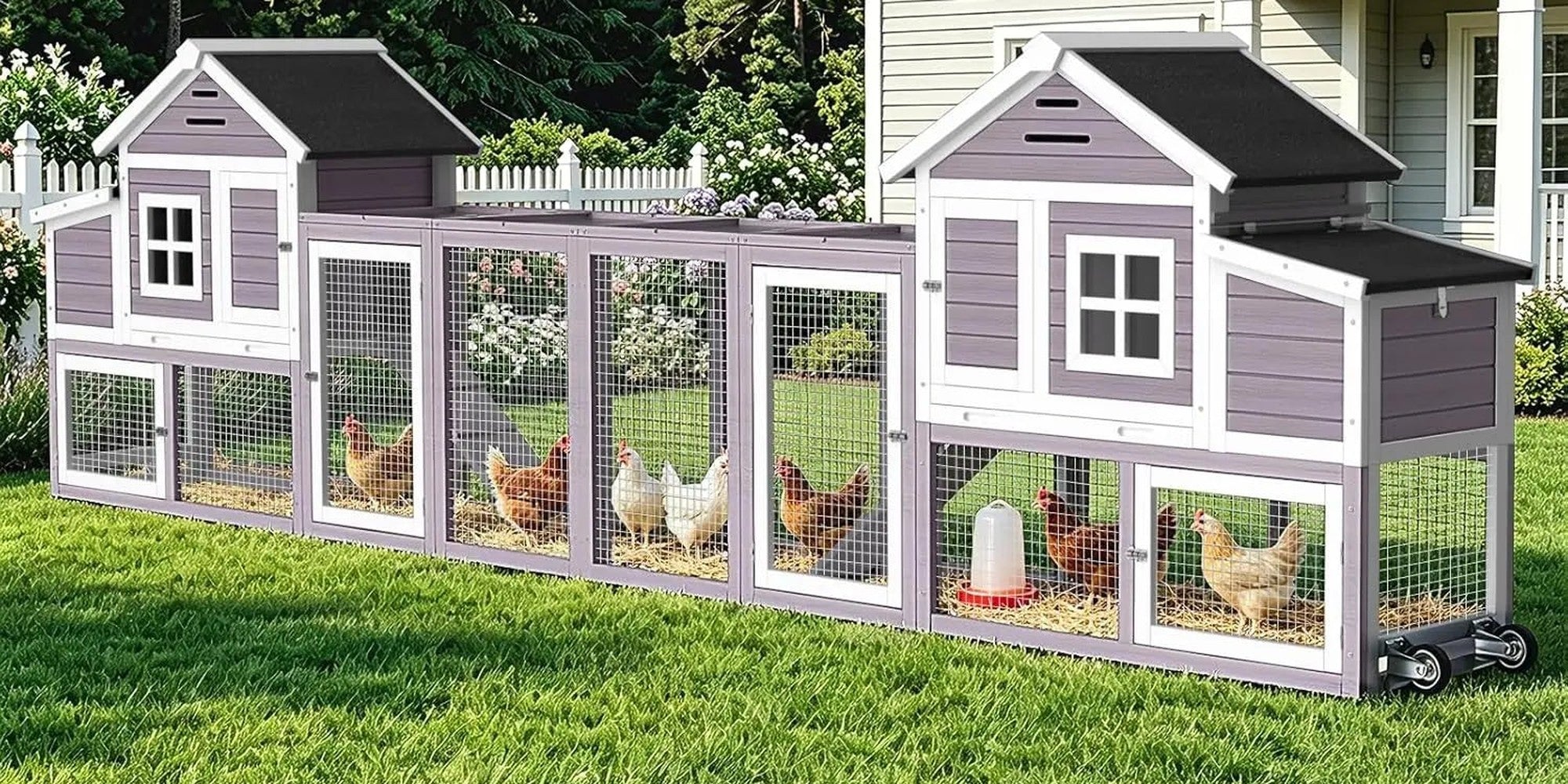 Mobile chicken coop with run, nesting box and wheels on a lawn