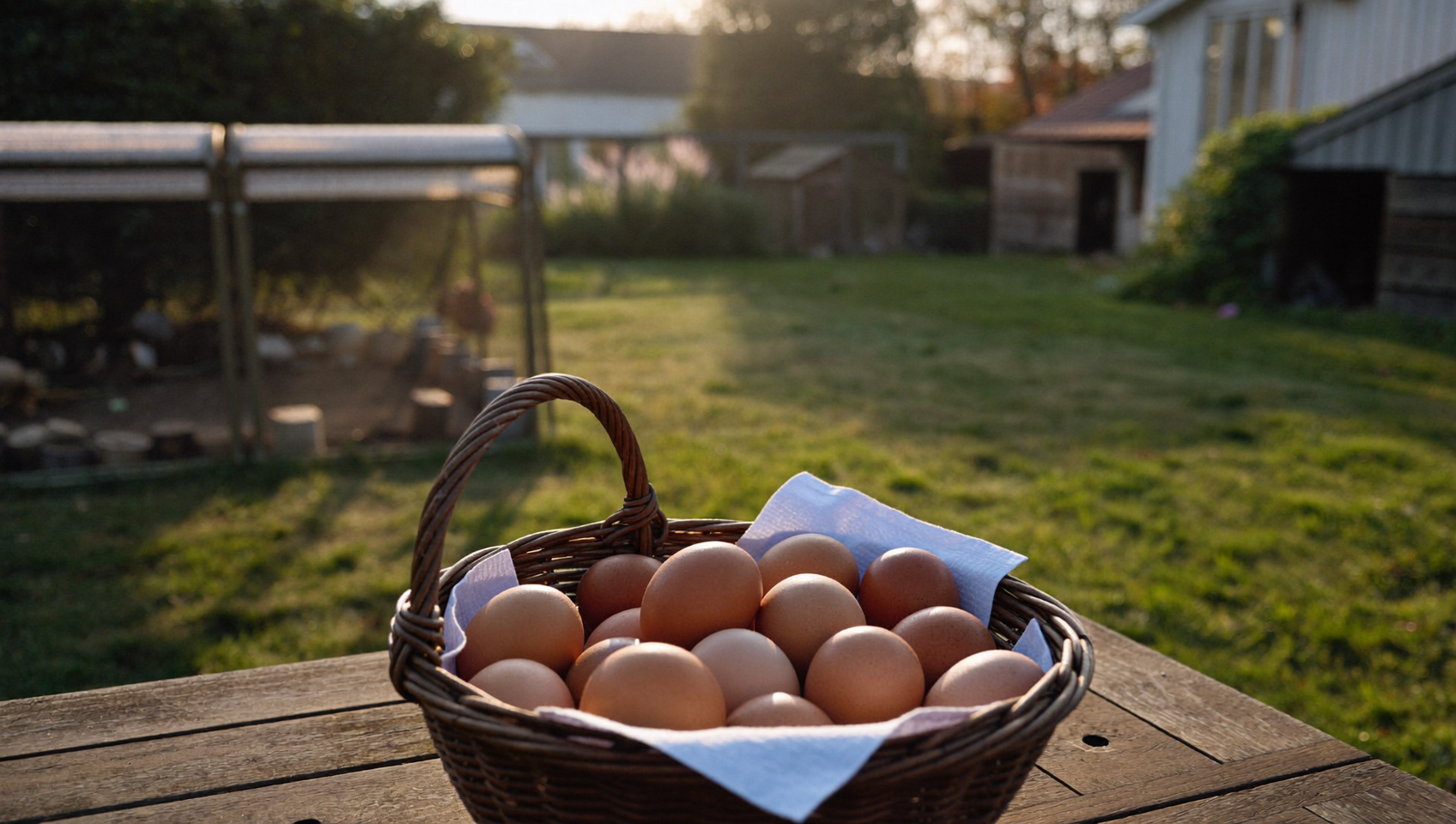 Basket of fresh brown eggs on a garden table